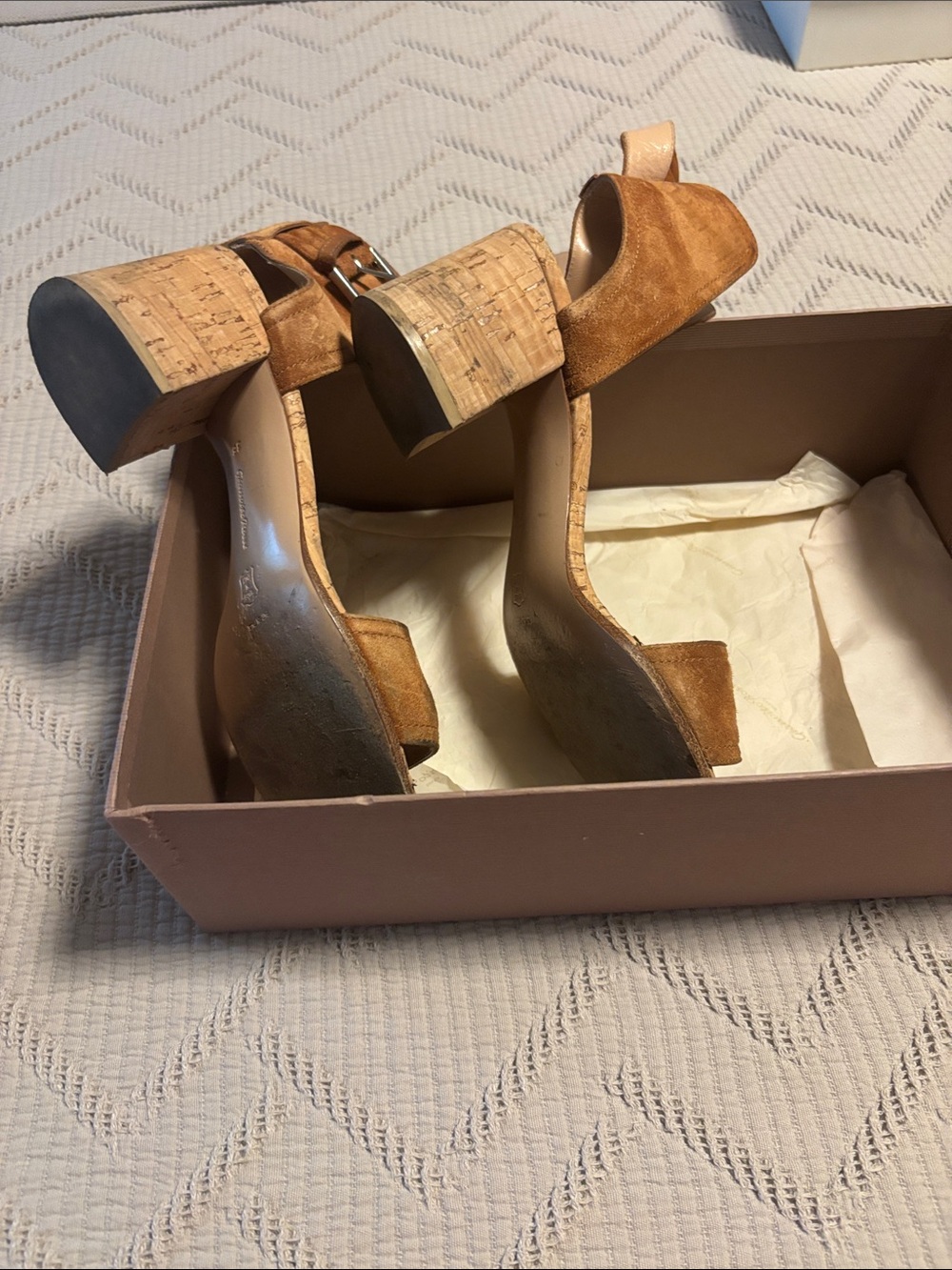 Gianvito Rossi Tan Suede Ankle-Strap Cork Block Heels - Picture 2 of 5